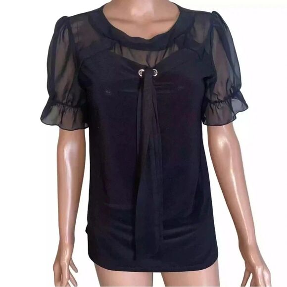 Z Adele & May Women’s Medium Short Blouson Sleeve Blouse Sheer Decor Tie - Picture 1 of 6